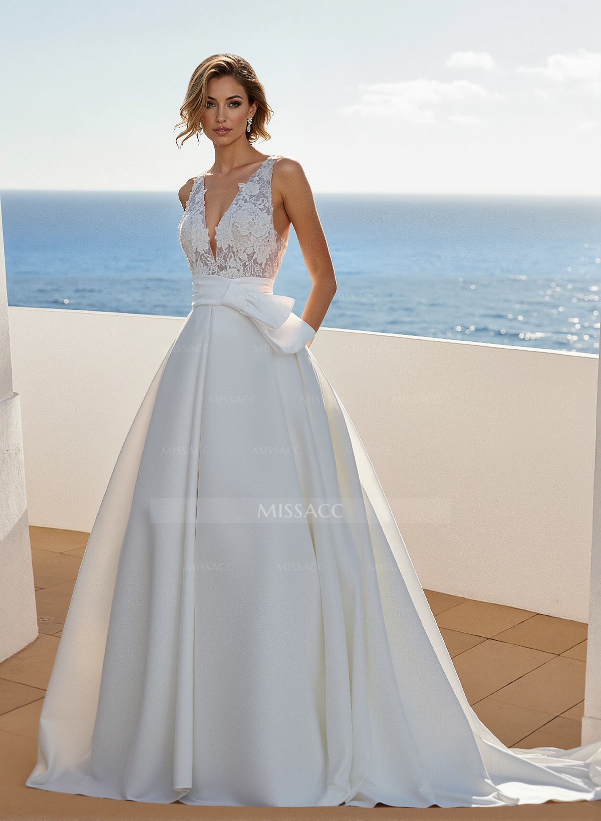 Lace Satin Ball-Gown V-Neck Wedding Dresses