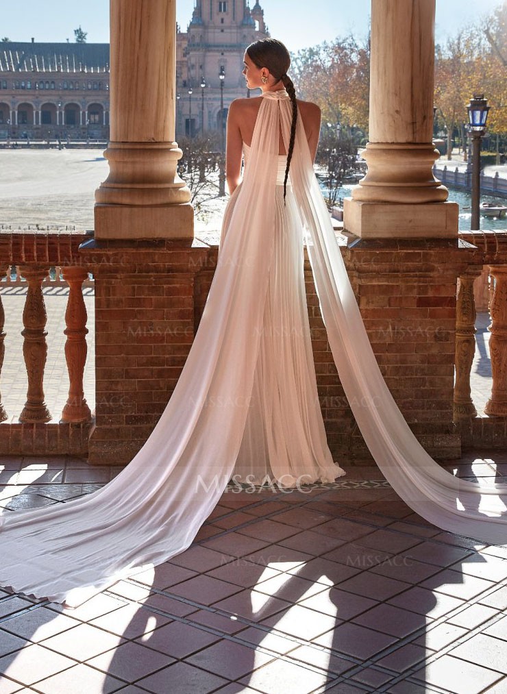 Plunge A-Line Chiffon Pleated Wedding Dresses