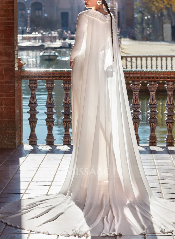 Pleated Sheath/Column Long Sleeves Cape Wedding Dresses