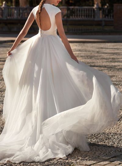 Plunge A-Line Lace Tulle Wedding Dresses With Back Hole