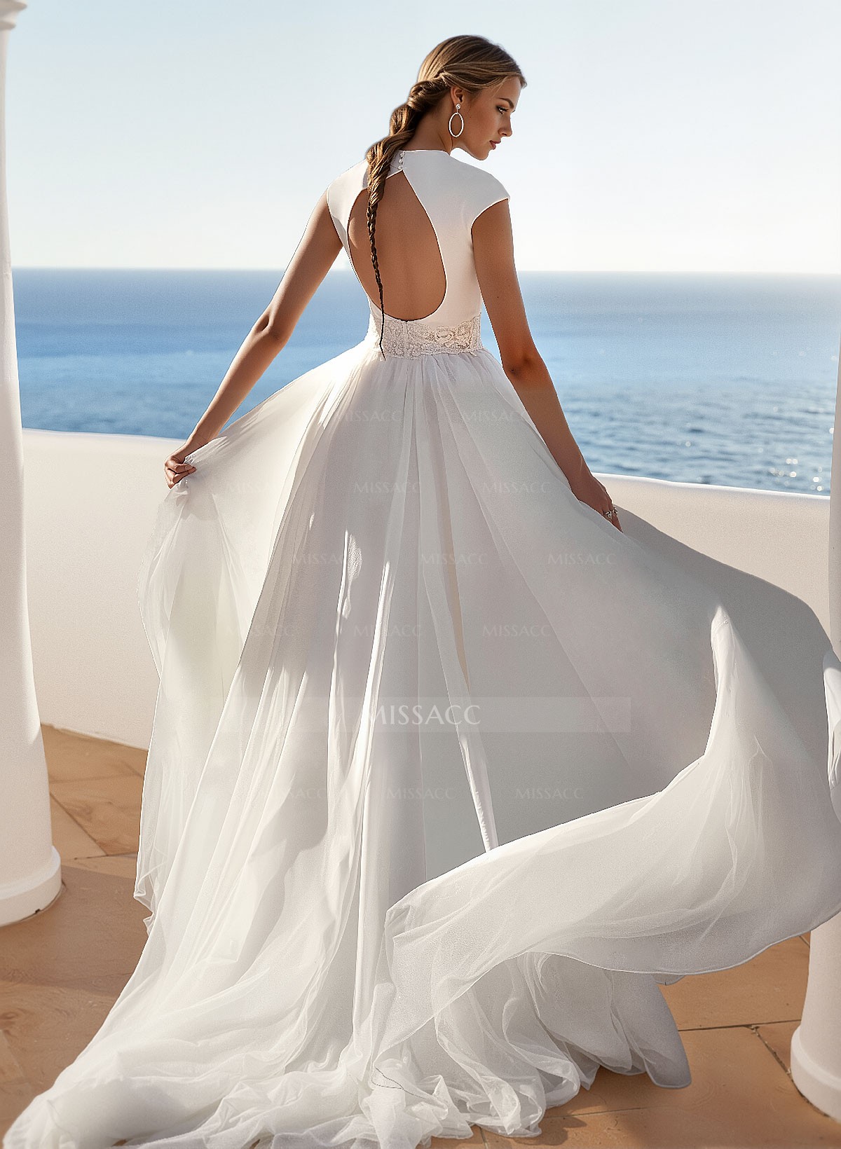 Plunge A-Line Lace Tulle Wedding Dresses With Back Hole