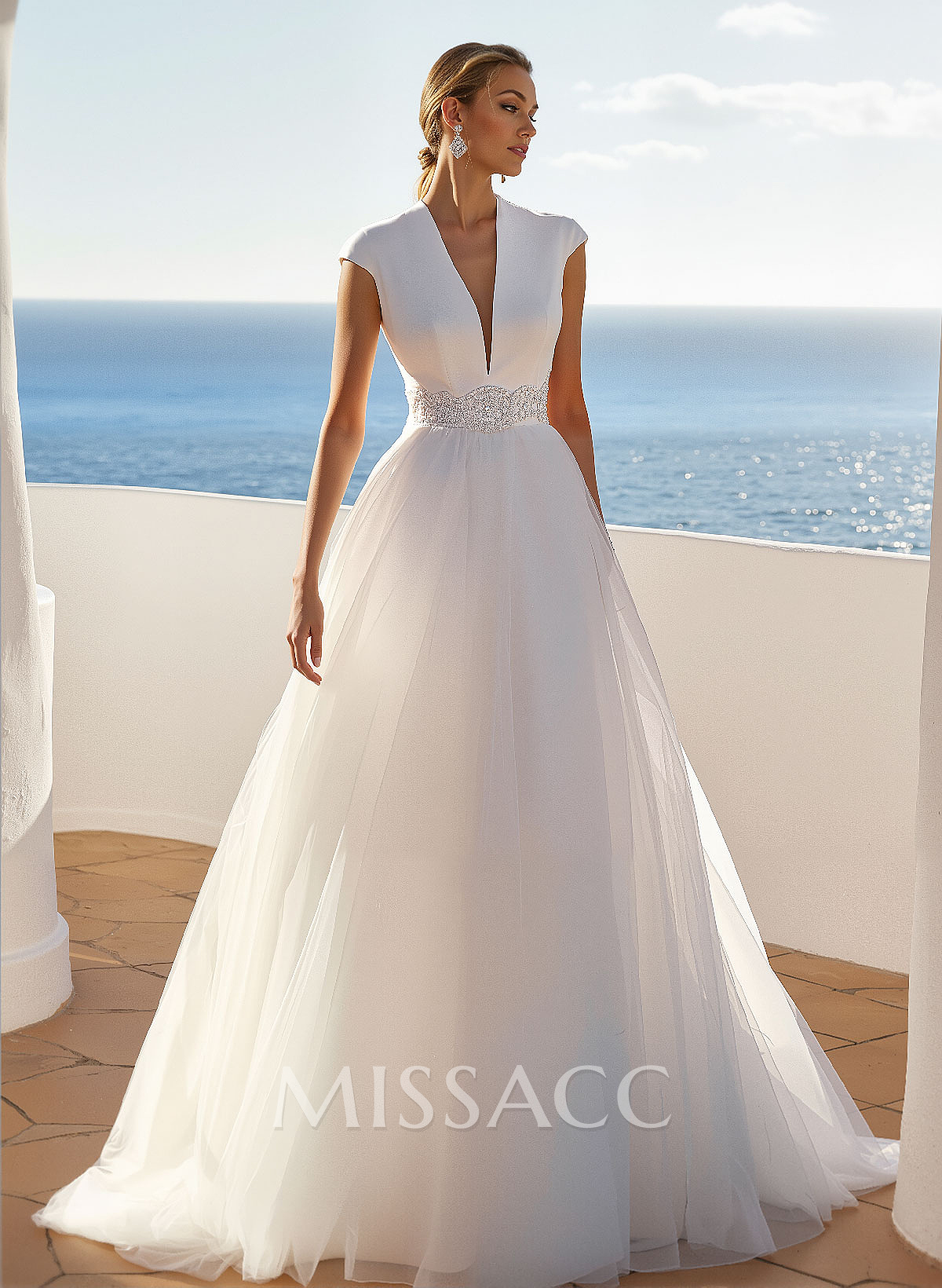 Plunge A-Line Lace Tulle Wedding Dresses With Back Hole