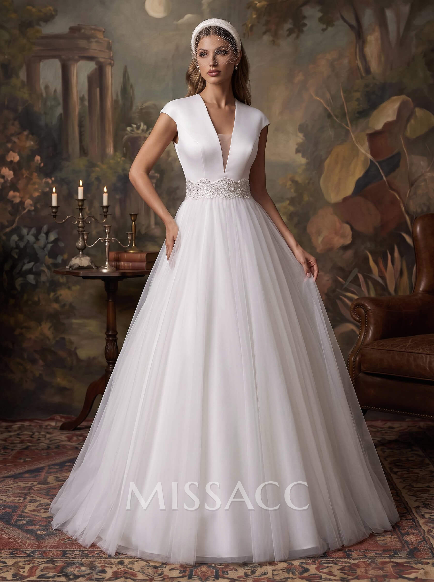 Plunge A-Line Lace Tulle Wedding Dresses With Back Hole
