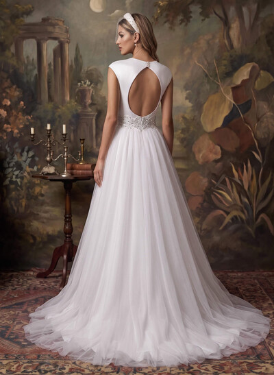 Plunge A-Line Lace Tulle Wedding Dresses With Back Hole