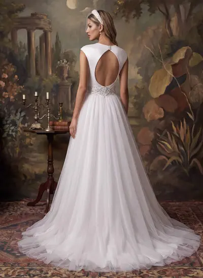Plunge A-Line Lace Tulle Wedding Dresses With Back Hole