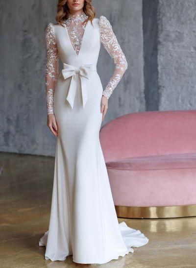 Lace High Neck Long Sleeves Wedding Dresses With Bow