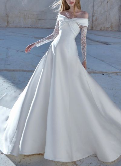 Lace Long Sleeves Off-The-Shoulder Satin Wedding Dresses