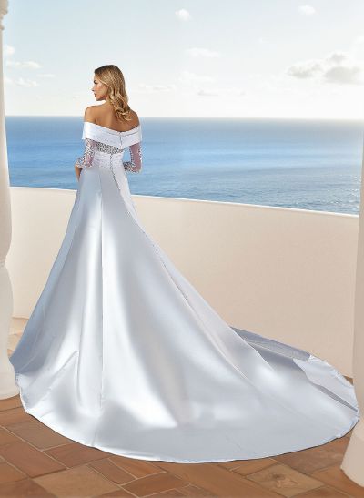 Lace Long Sleeves Off-The-Shoulder Satin Wedding Dresses