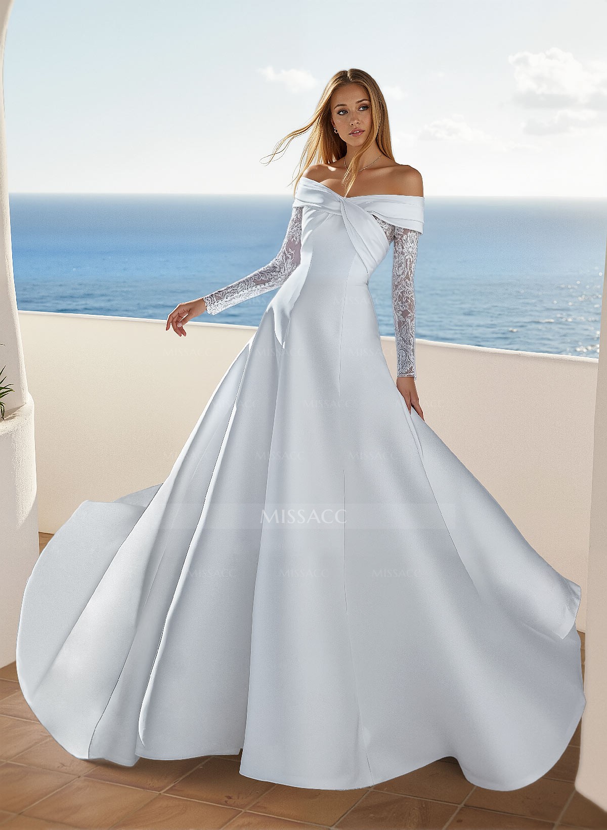 Lace Long Sleeves Off-The-Shoulder Satin Wedding Dresses