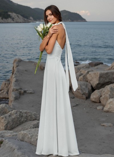 High Neck Open Back Simple A-Line Wedding Dresses
