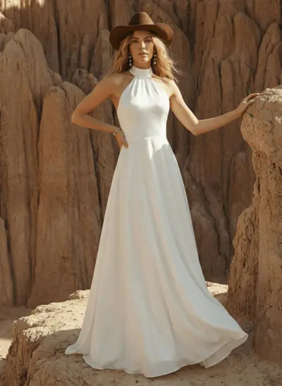 High Neck Open Back Simple A-Line Wedding Dresses