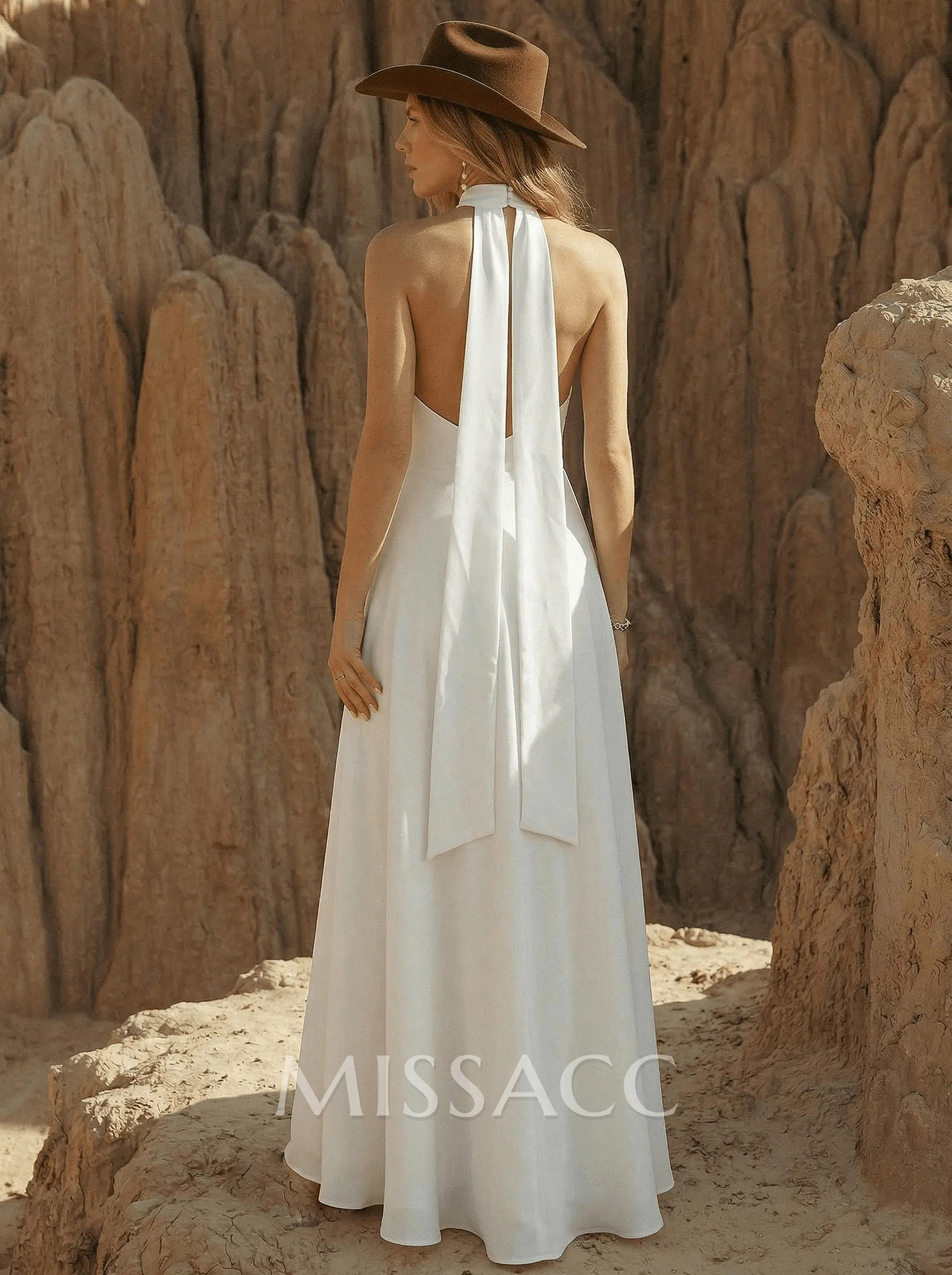 Missacc Ivory Bride High Neck Open Back Simple A-Line Wedding Dresses Missacc Ivory Bride High Neck Open Back Simple A-Line Wedding Dresses