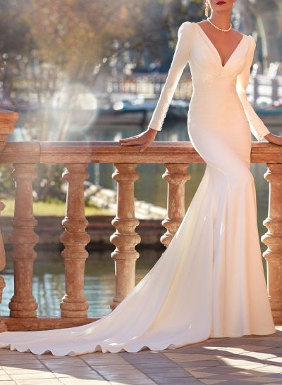 V-Neck Long Sleeves Trumpet/Mermaid Lace Wedding Dresses