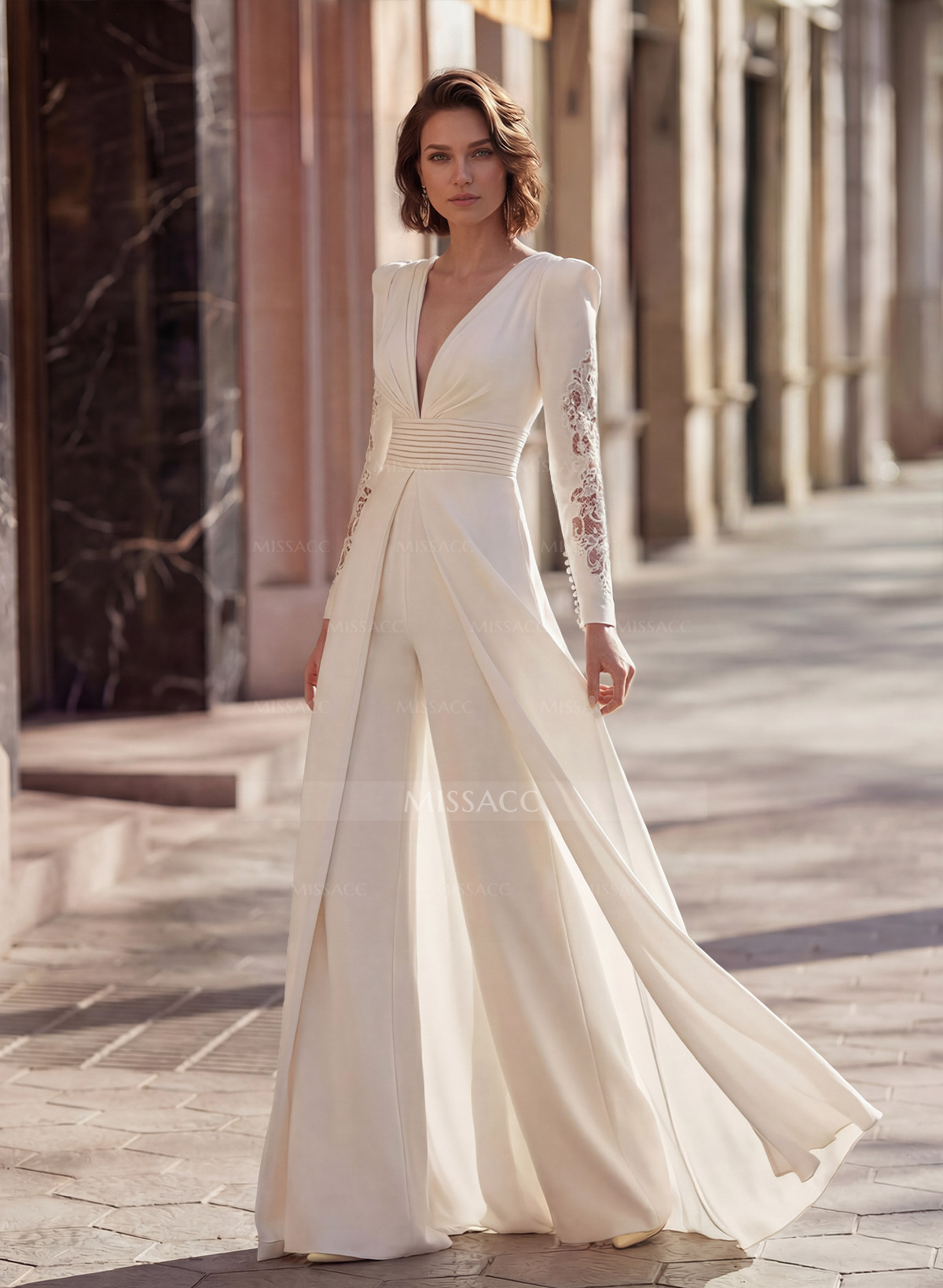 Jumpsuit/Pantsuit V-Neck Lace Long Sleeves Wedding Dresses