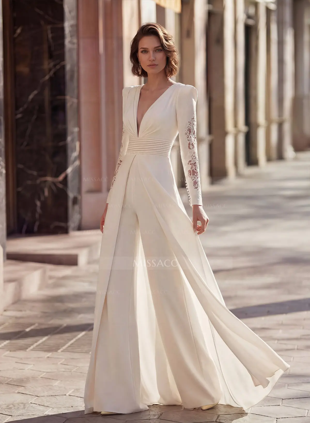 knee length dresses for ladies Evelyn Off-Shoulder Fit & Flare Organza Crepe Wedding Dress with Long  Sleeves | Bone and Grey Bridal main image 1