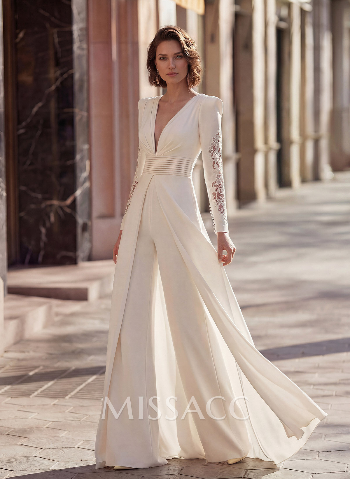 Jumpsuit/Pantsuit V-Neck Lace Long Sleeves Wedding Dresses