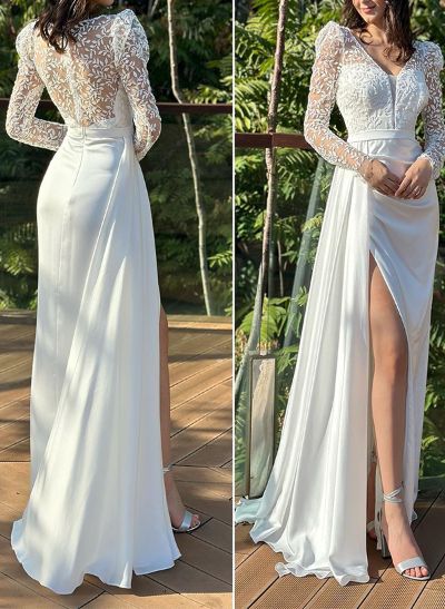 Sheath/Column V-Neck Long Sleeves Silk Like Satin Wedding Dresses With Lace