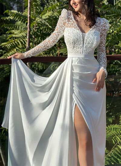 Sheath/Column V-Neck Long Sleeves Silk Like Satin Wedding Dresses With Lace
