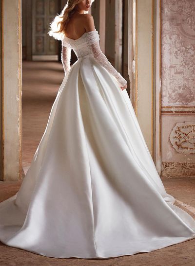 A-Line Off-The-Shoulder Long Sleeves Sequined Wedding Dresses With Pockets
