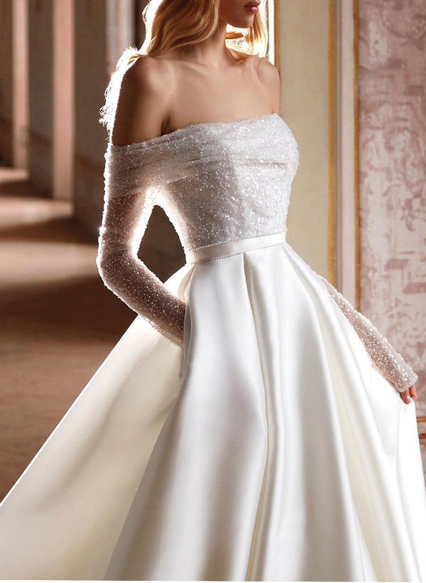 A-Line Off-The-Shoulder Long Sleeves Sequined Wedding Dresses With Pockets