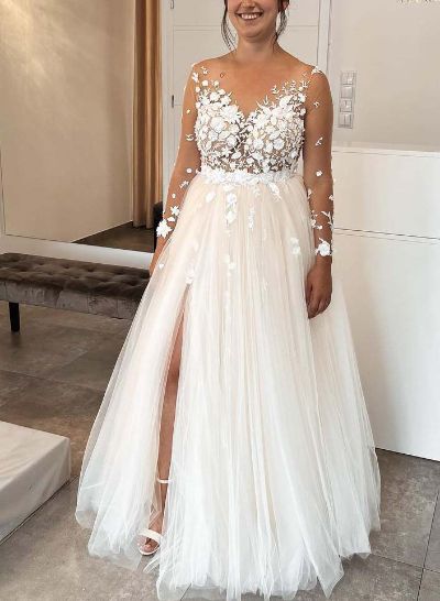 Lace Long Sleeves Tulle A-Line Wedding Dresses With Open Back
