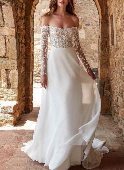 Lace Long Sleeves Off-The-Shoulder A-Line Wedding Dresses