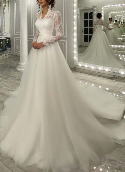 V-Neck Long Sleeves Ball-Gown Wedding Dresses