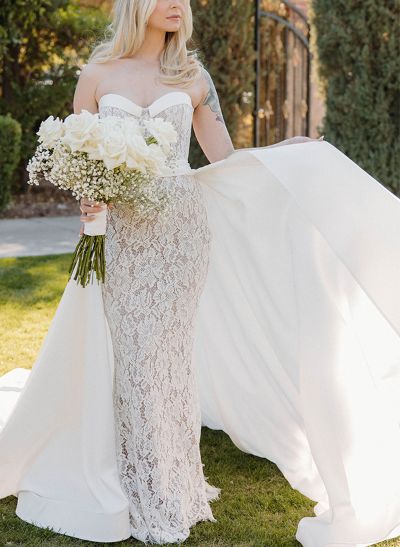 Sheath/Column Sweetheart Sleeveless Lace Wedding Dresses With Bow(s)