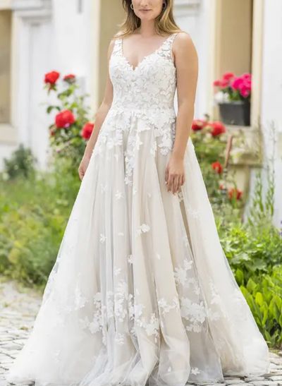 A-Line V-Neck Sleeveless Sweep Train Lace Wedding Dresses With Appliques Lace