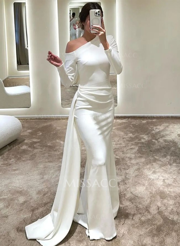 Sheath/Column Asymmetrical Long Sleeves Sweep Train Wedding Dresses