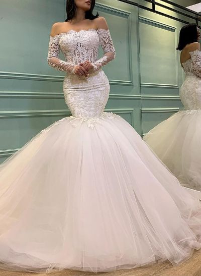 Trumpet/Mermaid Off-The-Shoulder Lace Wedding Dresses With Appliques Lace