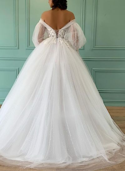 Ball-Gown Off-The-Shoulder Tulle Wedding Dresses With Appliques Lace