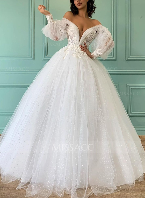 Ball-Gown Off-The-Shoulder Tulle Wedding Dresses With Appliques Lace