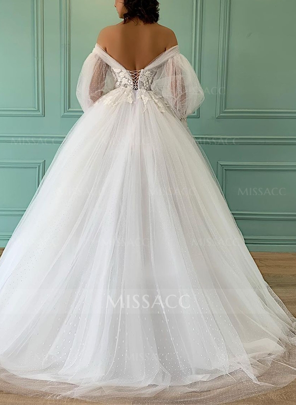 Ball-Gown Off-The-Shoulder Tulle Wedding Dresses With Appliques Lace