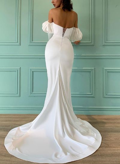 Trumpet/Mermaid Sweetheart Long Sleeves Satin Wedding Dresses With Split Front