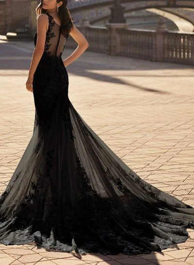 Trumpet/Mermaid V-Neck Sleeveless Tulle Wedding Dresses With Appliques Lace