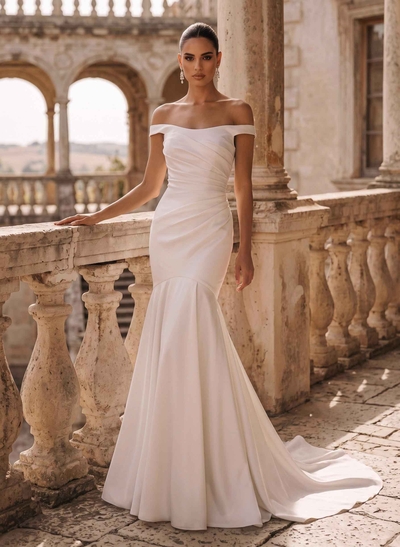 Trumpet/Mermaid Off-The-Shoulder Satin Wedding Dresses With Pleated