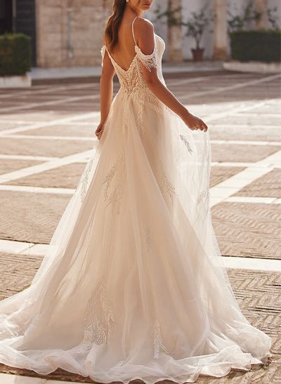 A-Line Off-The-Shoulder Sleeveless Tulle Wedding Dresses With Appliques Lace