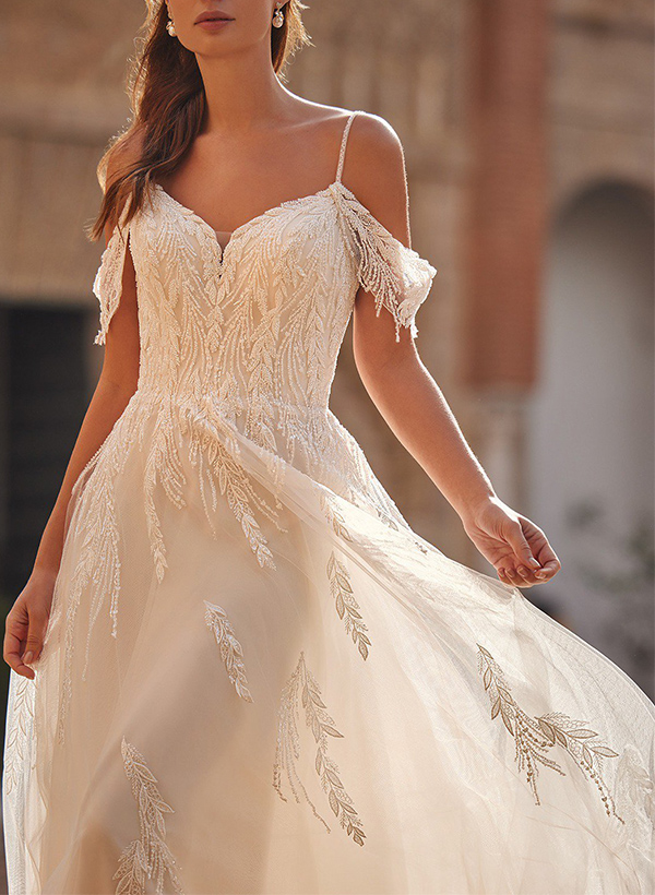 A-Line Off-The-Shoulder Sleeveless Tulle Wedding Dresses With Appliques Lace