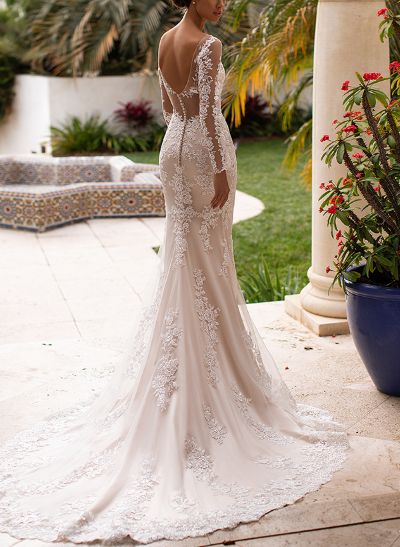 Trumpet/Mermaid V-Neck Long Sleeves Tulle Wedding Dresses With Appliques Lace