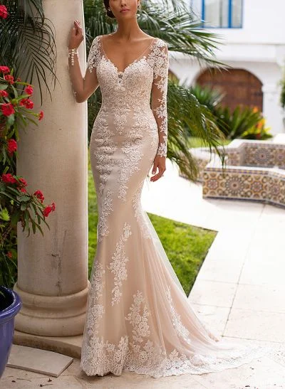 Trumpet/Mermaid V-Neck Long Sleeves Tulle Wedding Dresses With Appliques Lace
