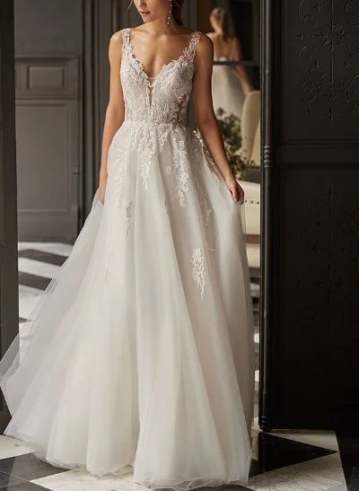 A-Line V-Neck Sleeveless Sweep Train Tulle Wedding Dresses With Appliques Lace