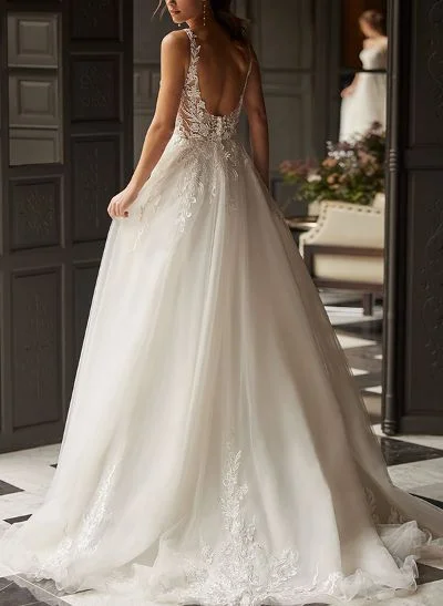A-Line V-Neck Sleeveless Sweep Train Tulle Wedding Dresses With Appliques Lace