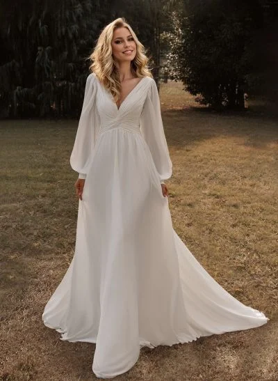 A-Line V-Neck Long Sleeves Sweep Train Chiffon Wedding Dresses With Sash