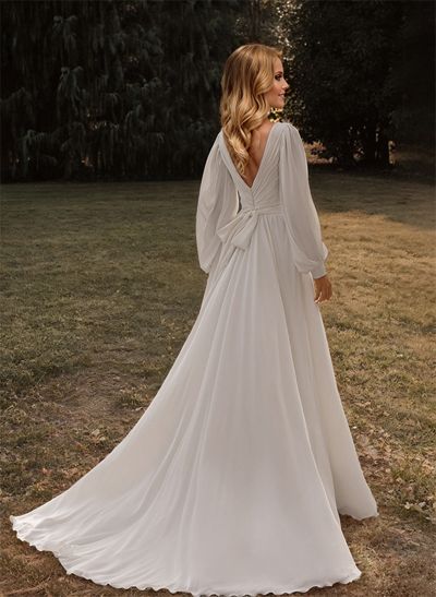 A-Line V-Neck Long Sleeves Sweep Train Chiffon Wedding Dresses With Sash