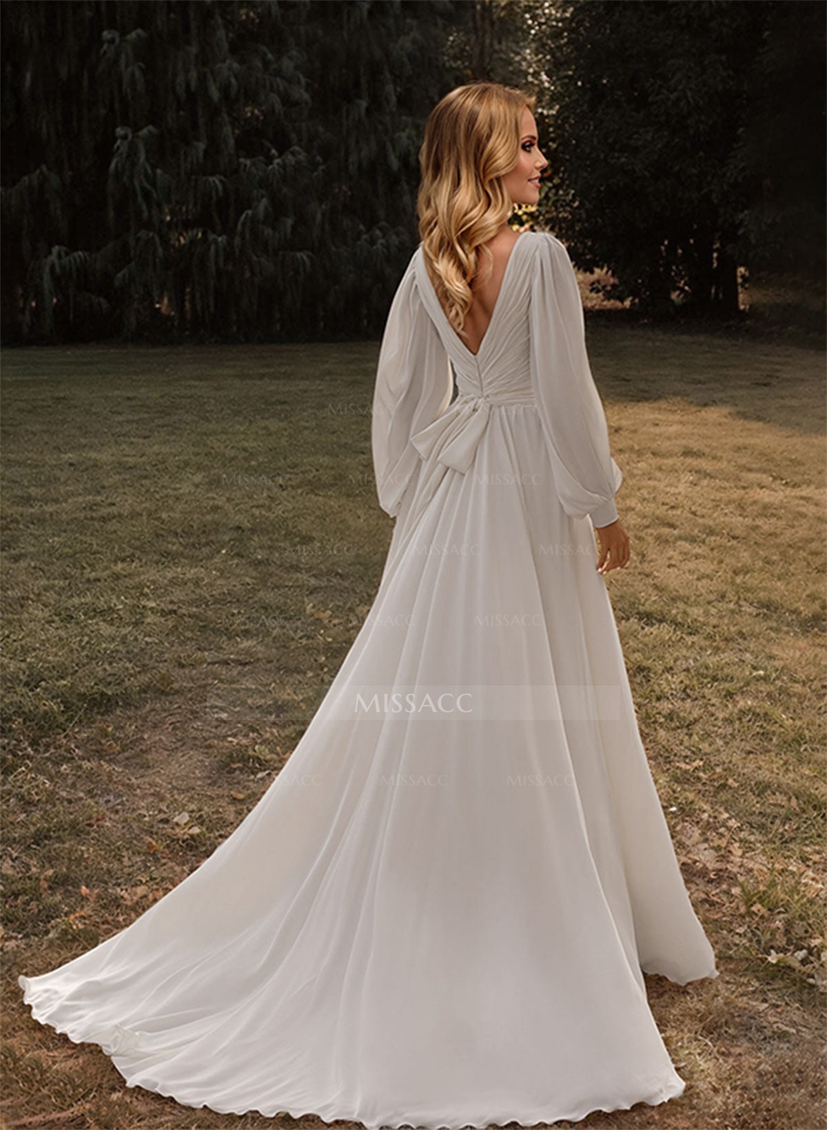 A-Line V-Neck Long Sleeves Sweep Train Chiffon Wedding Dresses With Sash