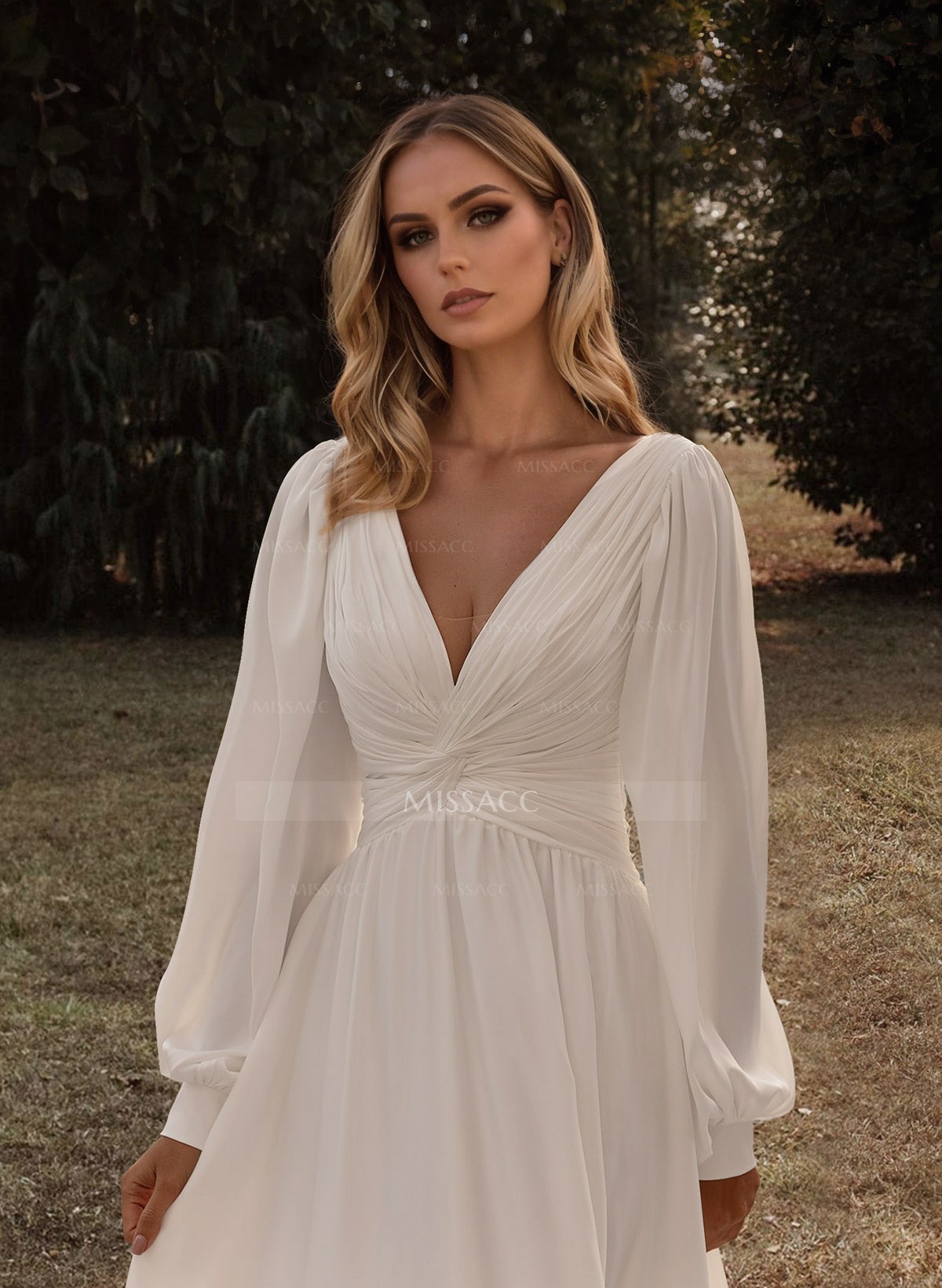 A-Line V-Neck Long Sleeves Sweep Train Chiffon Wedding Dresses With Sash