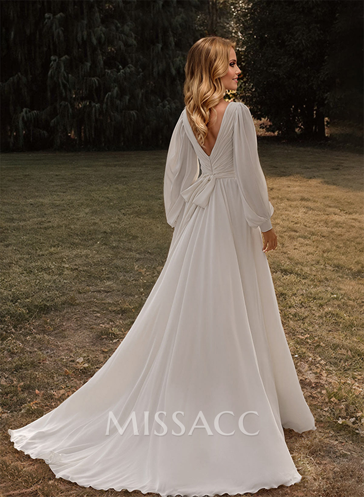 A-Line V-Neck Long Sleeves Sweep Train Chiffon Wedding Dresses With Sash