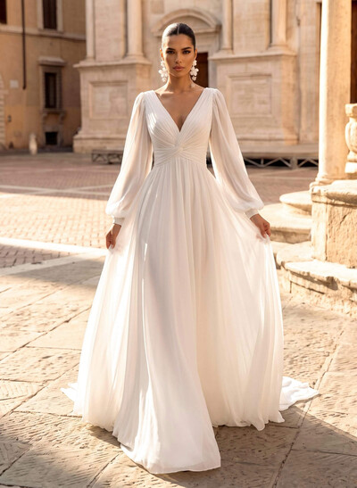 A-Line V-Neck Long Sleeves Sweep Train Chiffon Wedding Dresses With Sash
