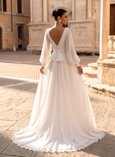 A-Line V-Neck Long Sleeves Sweep Train Chiffon Wedding Dresses With Sash